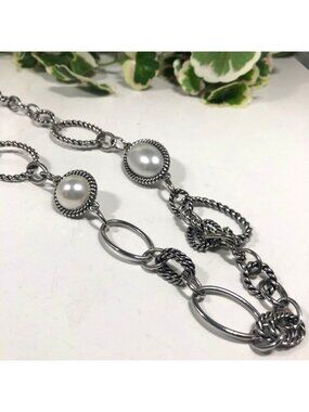 Premier Design Chunky Silver Tone Chain Faux Pearl 40 inch Necklace
